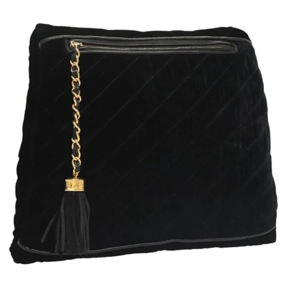 CHANEL Bag Arm Pillow Cushion Velor Pouch Black Gold CC Auth - Picture 1 of 16